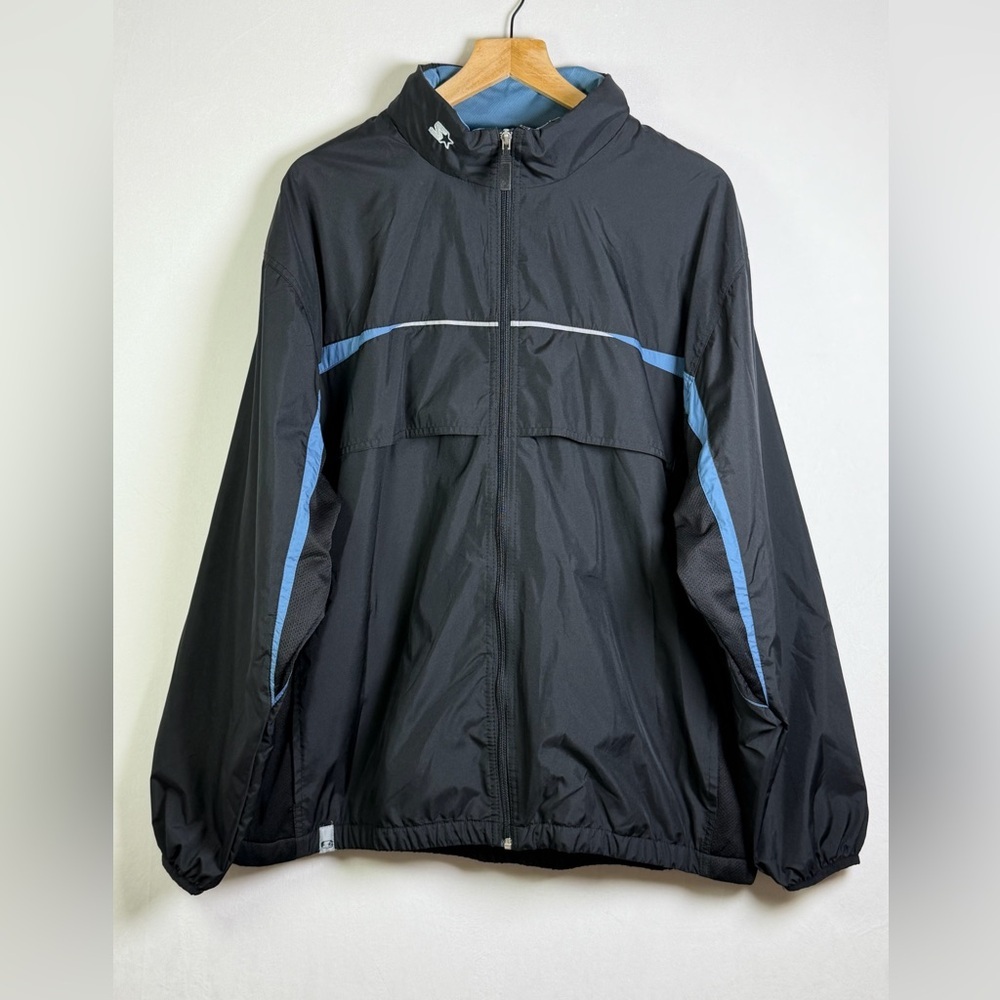 Starter Men’s Black Blue Hooded Windbreaker Mesh Lined Y2K Track Jacket Sz L